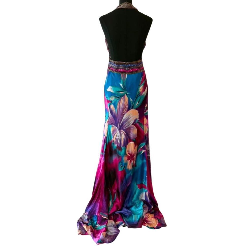 Caché Silk Halter Vibrant Watercolor Floral Beaded Mermaid Maxi Dress Size 6 NWT - Picture 3 of 13